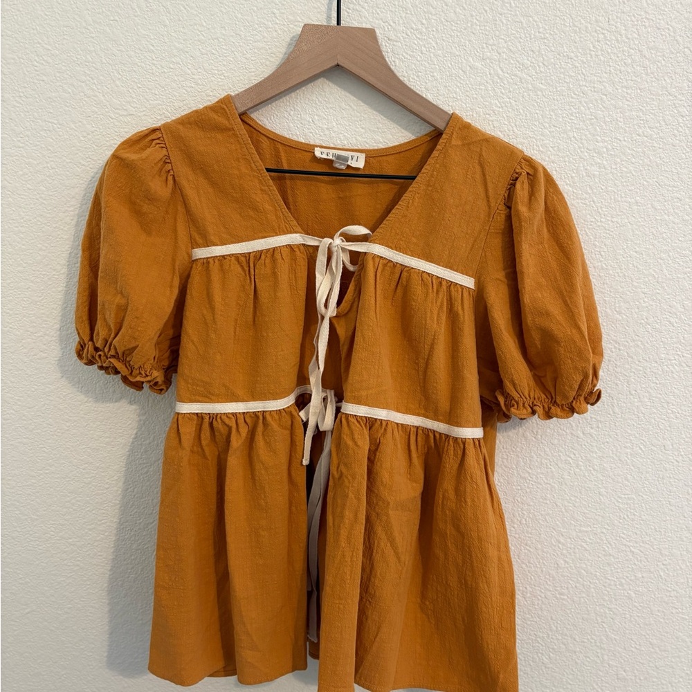 Women's Puff Sleeved Peplum Style Mustard Blouse by FEHRNVI